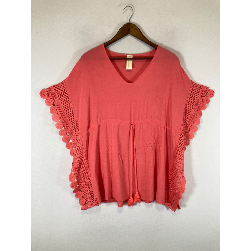 Boho Simply Noelle Women One Size Coral Pink Crochet Lace Trim Kaftan Poncho Top